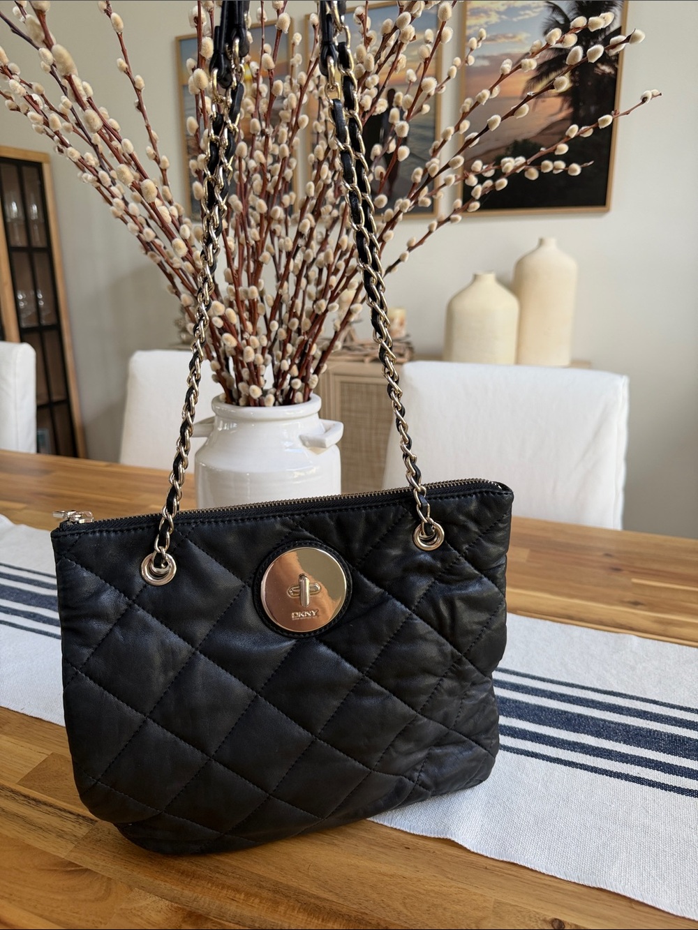 DKNY Black Quilted Chain-Handle Shoulder Bag with Gold Accent